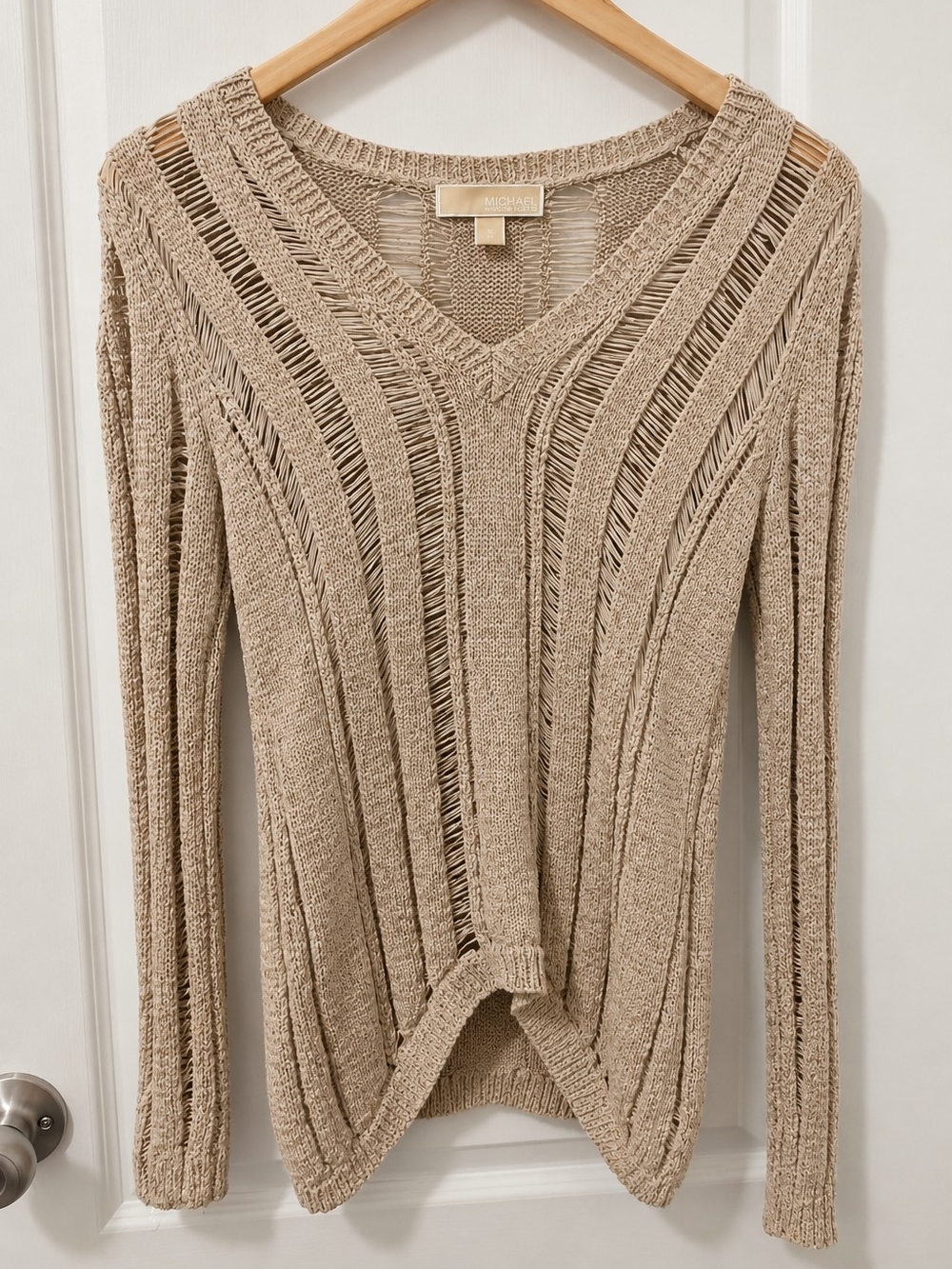 Michael Kors Taupe Open-Stitch V-Neck Sweater